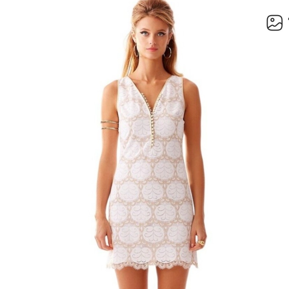 Lilly Pulitzer Nadine Resort White Gold Shift V-Neck Dress Size‎ 8